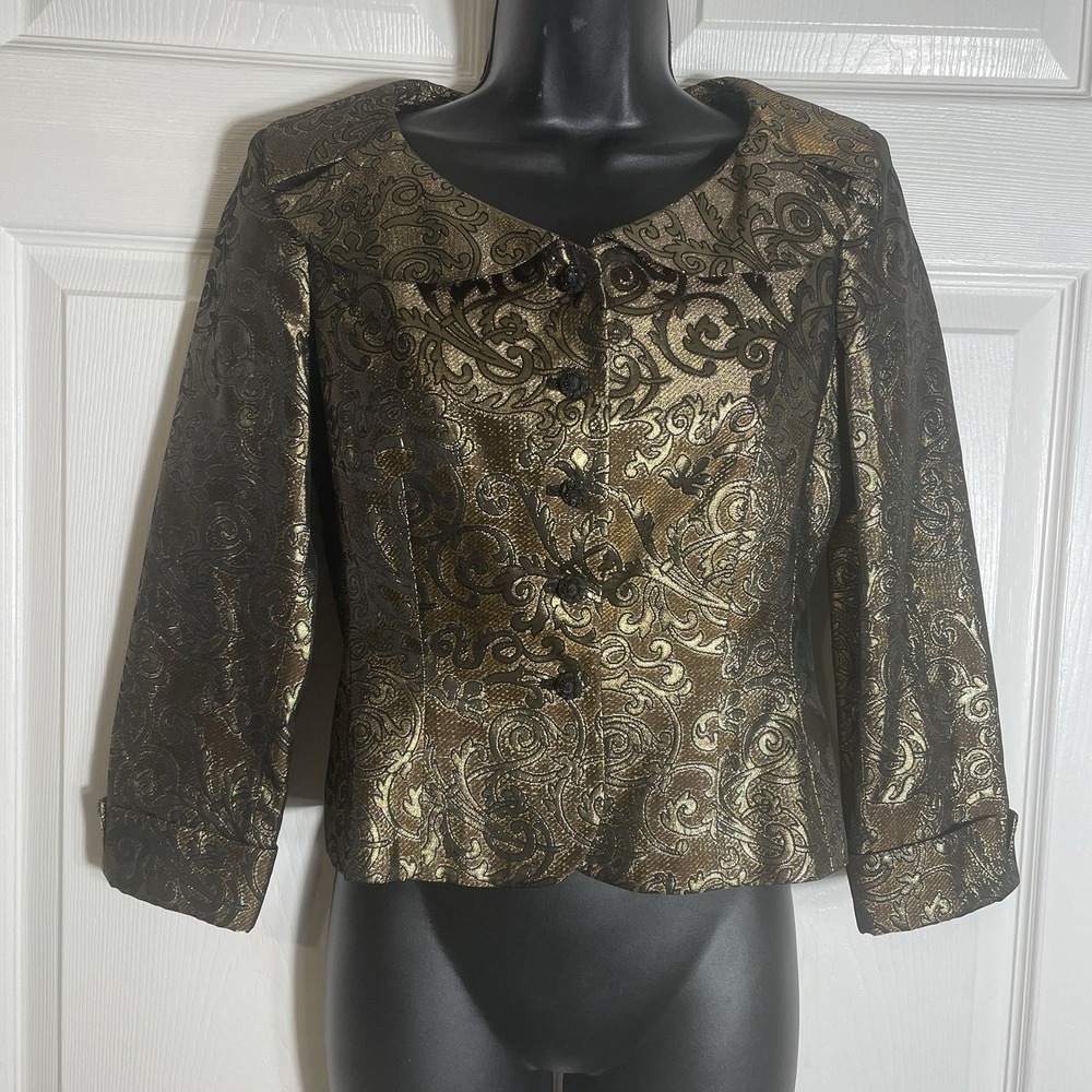 Vintage Jones New York Jacket Petite 2 Gold Jacquard‎ Y2K Tailored Blazer Top